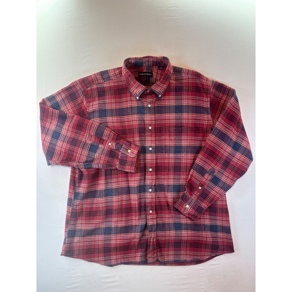 Bullock & Jones Mens XXL Red Blue Plaid Flannel Button Up Down Shirt Cotton USA